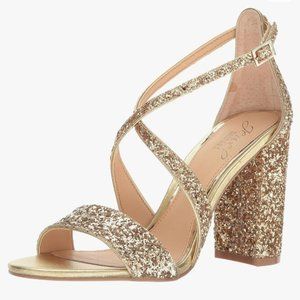 Jewel Badgley Mischka Cook Metallic Glitter Evening Shoes Block Heels, Size 8